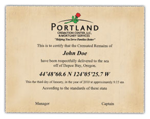 Portland Cremation Center's Scattering at Sea Certificate